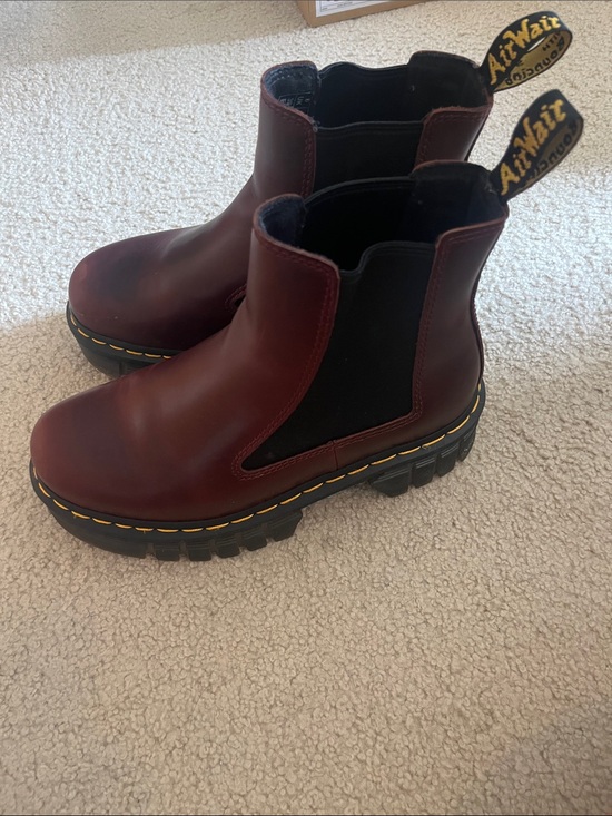 Dr. Martens Shoes - Dr. Martens Burgundy Leather Platform Chelsea Boots with Black Elastic